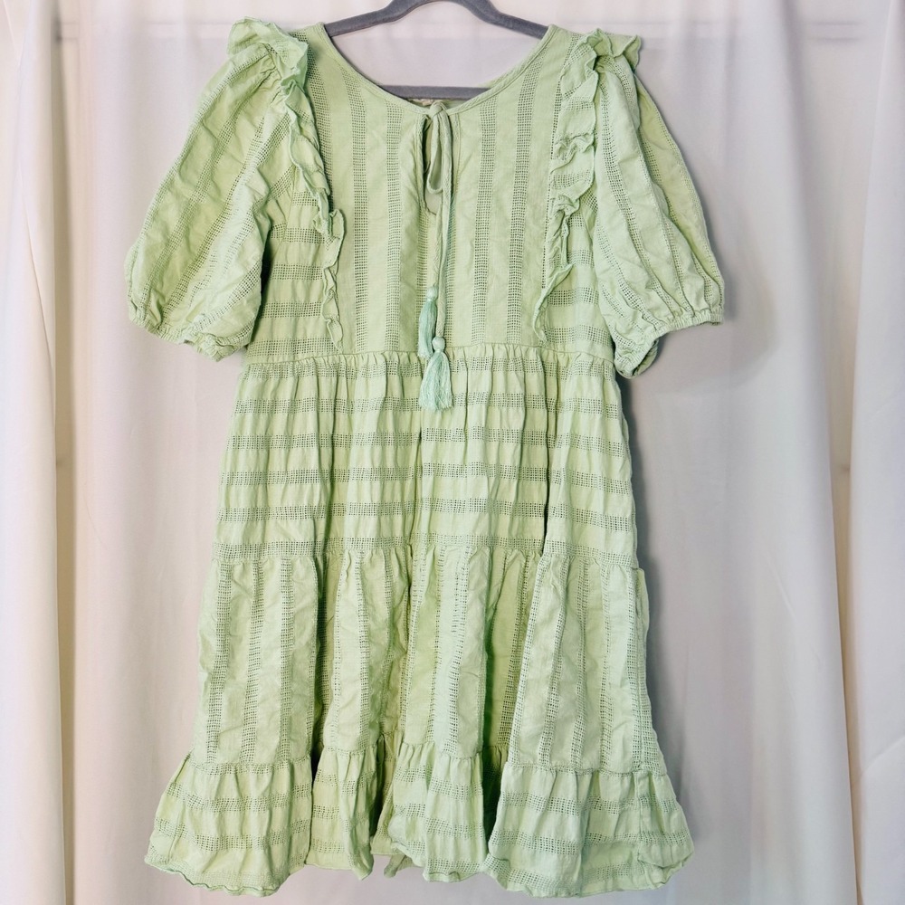 Easel Los Angeles Sage Green Cotton Eyelet Mini Dress S Boho Cottagecore Ruffle